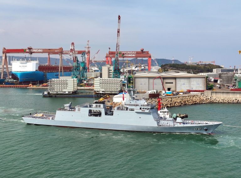 BRP Miguel Malvar (FFG-06) sailing through HD Hyundai shipyard in Ulsan.
